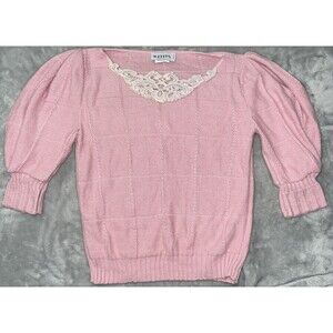 Toppers Vintage 50/60s Womens M Knit Sweater Pink Check w/Lace Collar USA Made